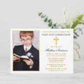 Elegant Gold Blue First Holy Communion Photo Einladung (Stehend Vorderseite)