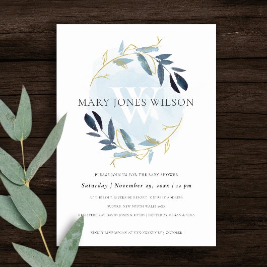 ELEGANT GOLD BLUE FOLIAGE WREATH BABY SHOWCARD DANKESKARTE