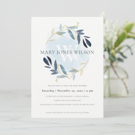 ELEGANT GOLD BLUE FOLIAGE WREATH BABY SHOWCARD DANKESKARTE (Stehend Vorderseite)