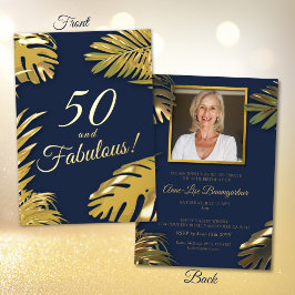 Elegant Gold Blue Foto 50. Fabulous Geburtstag Folieneinladung