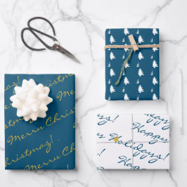 Elegant Gold Blue Frohe Weihnachtsbaumen Geschenkpapier Set