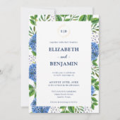 Elegant Gold Blue Hydrangeas Monogram Wedding Einladung (Vorderseite)