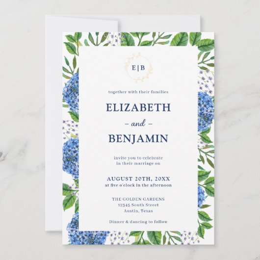 Elegant Gold Blue Hydrangeas Monogram Wedding Einladung (Vorderseite)