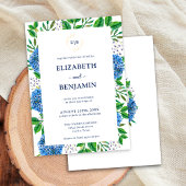 Elegant Gold Blue Hydrangeas Monogram Wedding Einladung