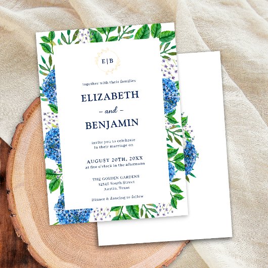 Elegant Gold Blue Hydrangeas Monogram Wedding Einladung