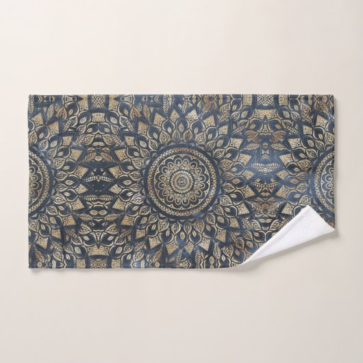 Elegant Gold Blue Mandala Floral Badhandtuch Set (Handtuch)