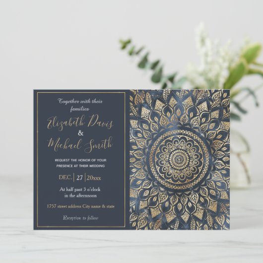 Elegant Gold Blue Mandala Floral Einladung (Stehend Vorderseite)