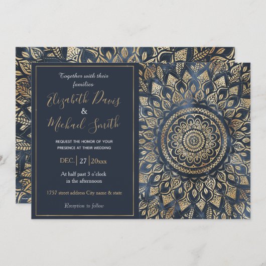 Elegant Gold Blue Mandala Floral Einladung (Vorne/Hinten)