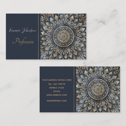 Elegant Gold Blue Mandala Floral Visitenkarte (Vorne/Hinten)