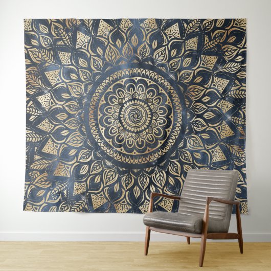Elegant Gold Blue Mandala Floral Wandteppich (Beispiel (Horizontal))