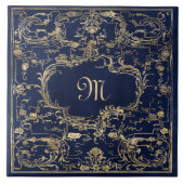 Elegant Gold Blue Monogram Fliese (Vorderseite)