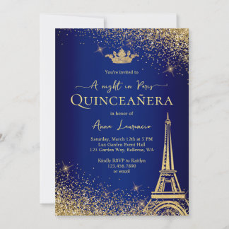Elegant Gold Blue Paris Night Theme Quinceanera Einladung