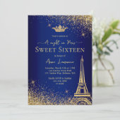 Elegant Gold Blue Paris Night Theme Sweet 16 Einladung (Stehend Vorderseite)