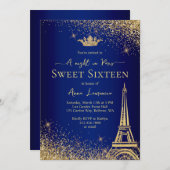 Elegant Gold Blue Paris Night Theme Sweet 16 Einladung (Vorne/Hinten)
