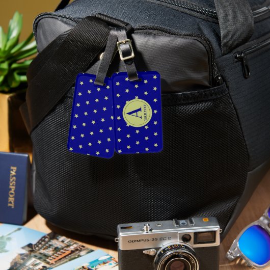 Elegant Gold & Blue Star Pattern Monogram Gepäckanhänger (Vorderseite & Rückseite)