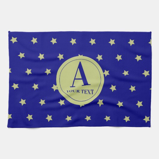 Elegant Gold & Blue Star Pattern Monogram Geschirrtuch (Horizontal)