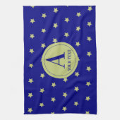 Elegant Gold & Blue Star Pattern Monogram Geschirrtuch (Vertikal)