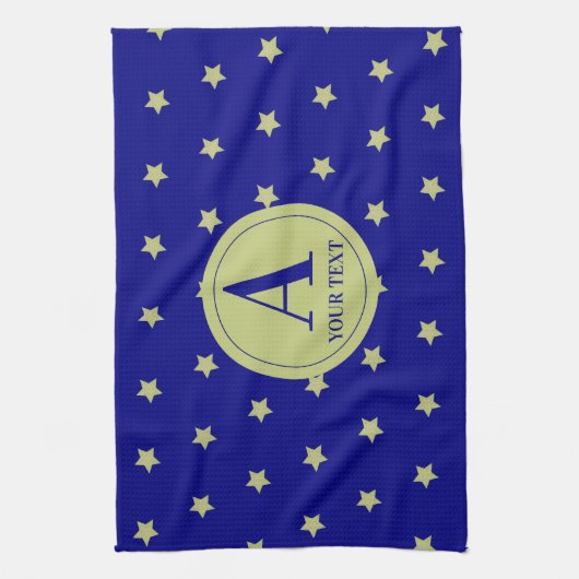 Elegant Gold & Blue Star Pattern Monogram Geschirrtuch (Vertikal)