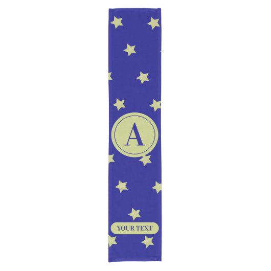 Elegant Gold & Blue Star Pattern Monogram Kurzer Tischläufer (Vorderseite)