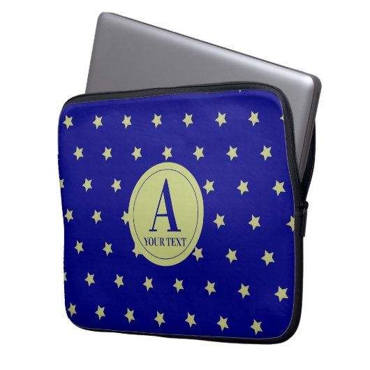 Elegant Gold & Blue Star Pattern Monogram Laptopschutzhülle (Vorderseite Links)