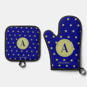 Elegant Gold & Blue Star Pattern Monogram Ofenhandschuh & Topflappen-Set (Vorderseite)