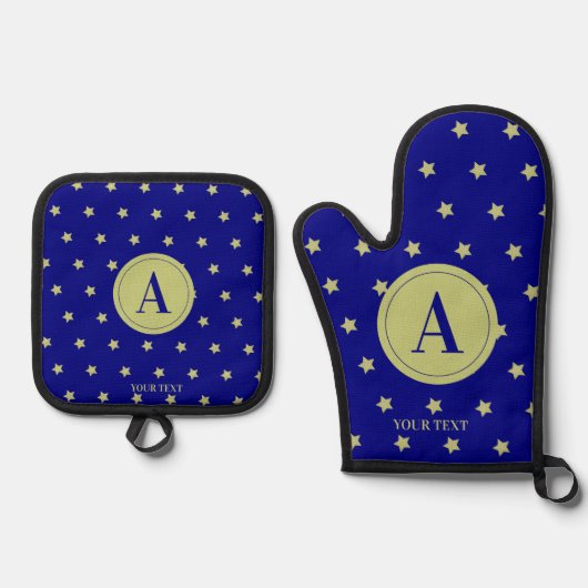 Elegant Gold & Blue Star Pattern Monogram Ofenhandschuh & Topflappen-Set (Vorderseite)