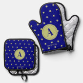 Elegant Gold & Blue Star Pattern Monogram Ofenhandschuh & Topflappen-Set (Vorderseite/Rückseite)