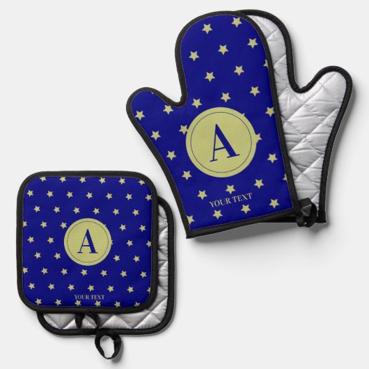 Elegant Gold & Blue Star Pattern Monogram Ofenhandschuh & Topflappen-Set (Vorderseite/Rückseite)