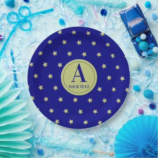Elegant Gold & Blue Star Pattern Monogram Pappteller (Party)