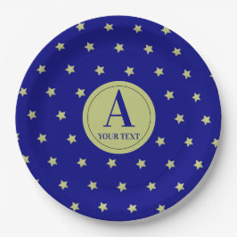 Elegant Gold & Blue Star Pattern Monogram Pappteller