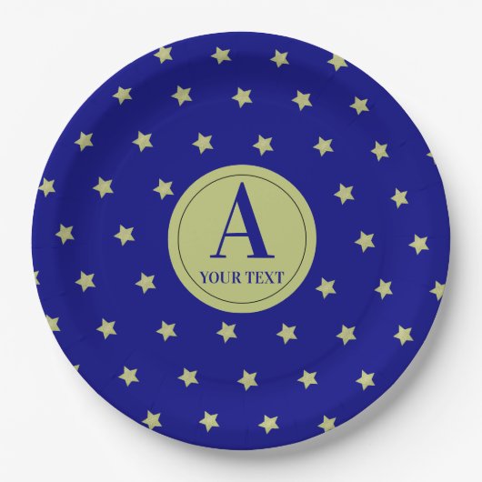 Elegant Gold & Blue Star Pattern Monogram Pappteller (Vorderseite)
