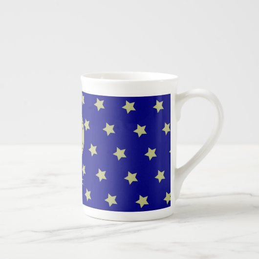 Elegant Gold & Blue Star Pattern Monogram Porzellantasse (Rechts)