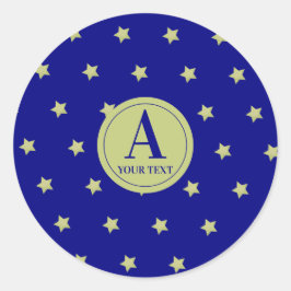 Elegant Gold & Blue Star Pattern Monogram Runder Aufkleber