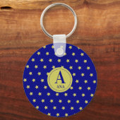 Elegant Gold & Blue Star Pattern Monogram Schlüsselanhänger (Vorderseite)