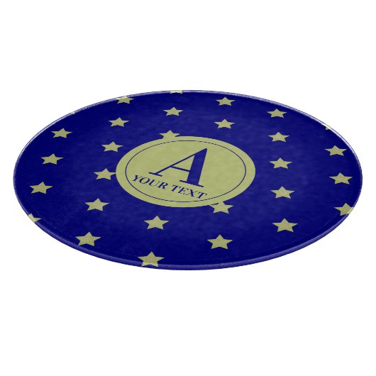Elegant Gold & Blue Star Pattern Monogram Schneidebrett (Ecke)