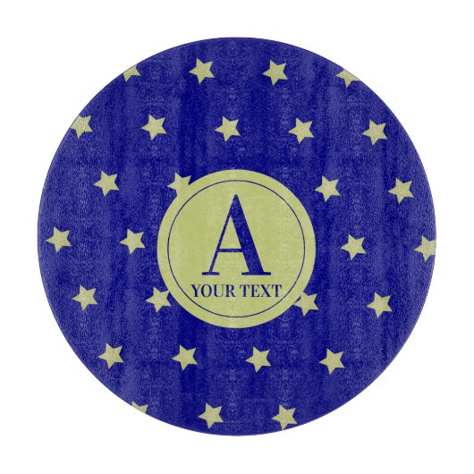 Elegant Gold & Blue Star Pattern Monogram Schneidebrett (Vorderseite)