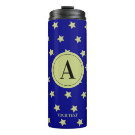 Elegant Gold & Blue Star Pattern Monogram Thermosbecher