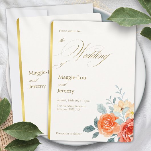 Elegant Gold Blush Blumenzitzer Hochzeit Einladung