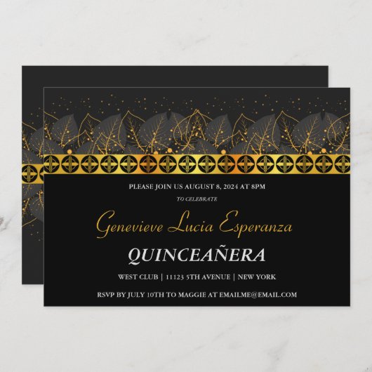 Elegant Gold Border Quinceñera Einladung (Vorne/Hinten)