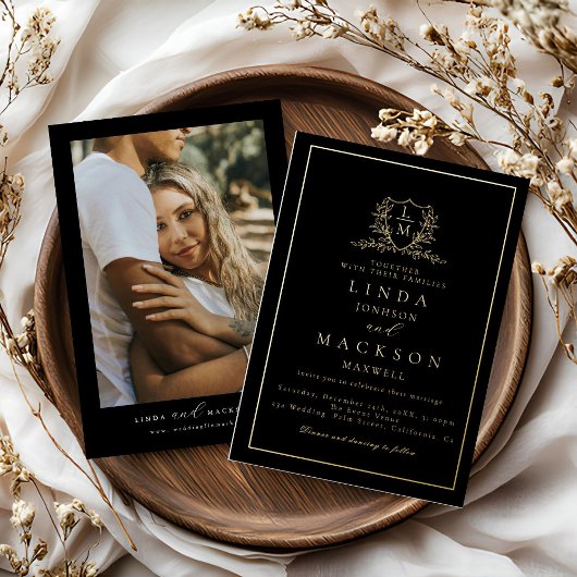 Elegant gold botanical crest monogram wedding fo folieneinladung