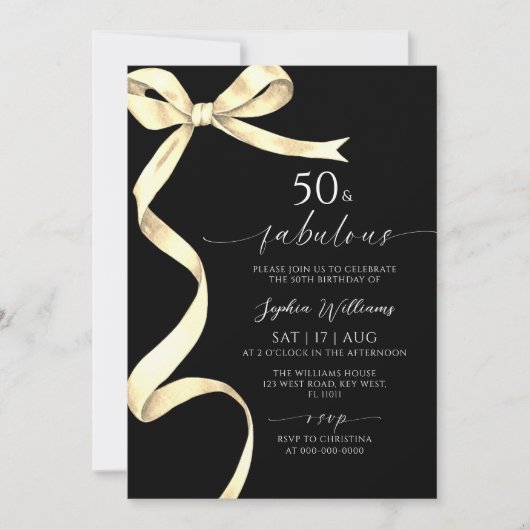 Elegant Gold Bow 50 & fabelhafte Einladung zum Geb (Vorderseite)