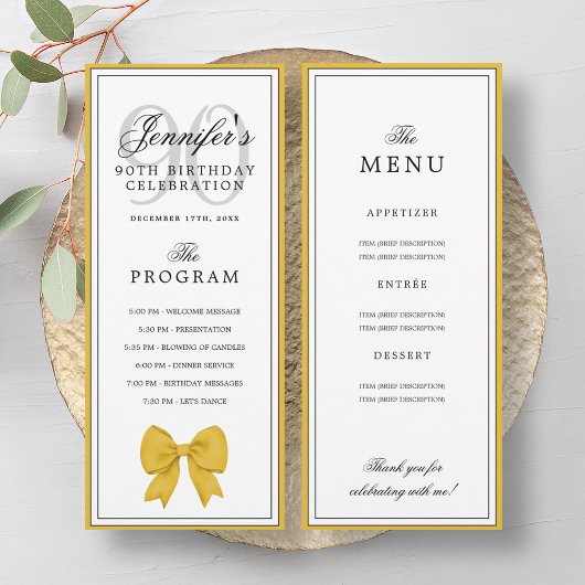 Elegant Gold Bow 90th Birthday Program + Menu  Einladung