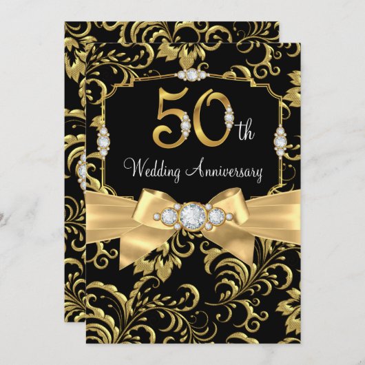 Elegant Gold Bow Black Diamond 50 Jahre Jubiläum Einladung (Vorne/Hinten)
