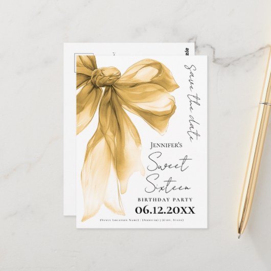 Elegant Gold Bow Coquette Sweet 16 Save the Date  Postkarte (Vorderseite/Rückseite Beispiel)