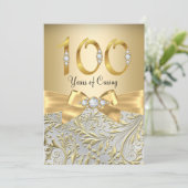 Elegant Gold Bow Diamond 100 Jahre Einladung (Stehend Vorderseite)