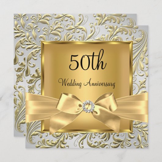 Elegant Gold Bow Floral Swirl 50 Jahre Jubiläum sq Einladung (Vorne/Hinten)