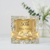 Elegant Gold Bow Floral Swirl 50 Jahre Jubiläum sq Einladung (Stehend Vorderseite)