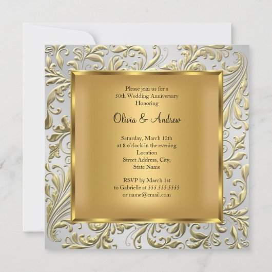 Elegant Gold Bow Floral Swirl 50 Jahre Jubiläum sq Einladung (Rückseite)