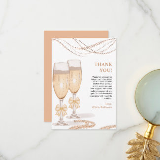 Elegant Gold Bow Pearls and Prosecco Bridal Shower Dankeskarte