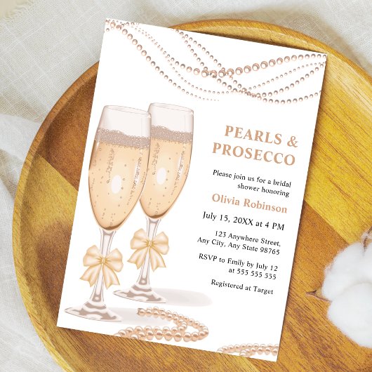 Elegant Gold Bow Pearls and Prosecco Bridal Shower Einladung